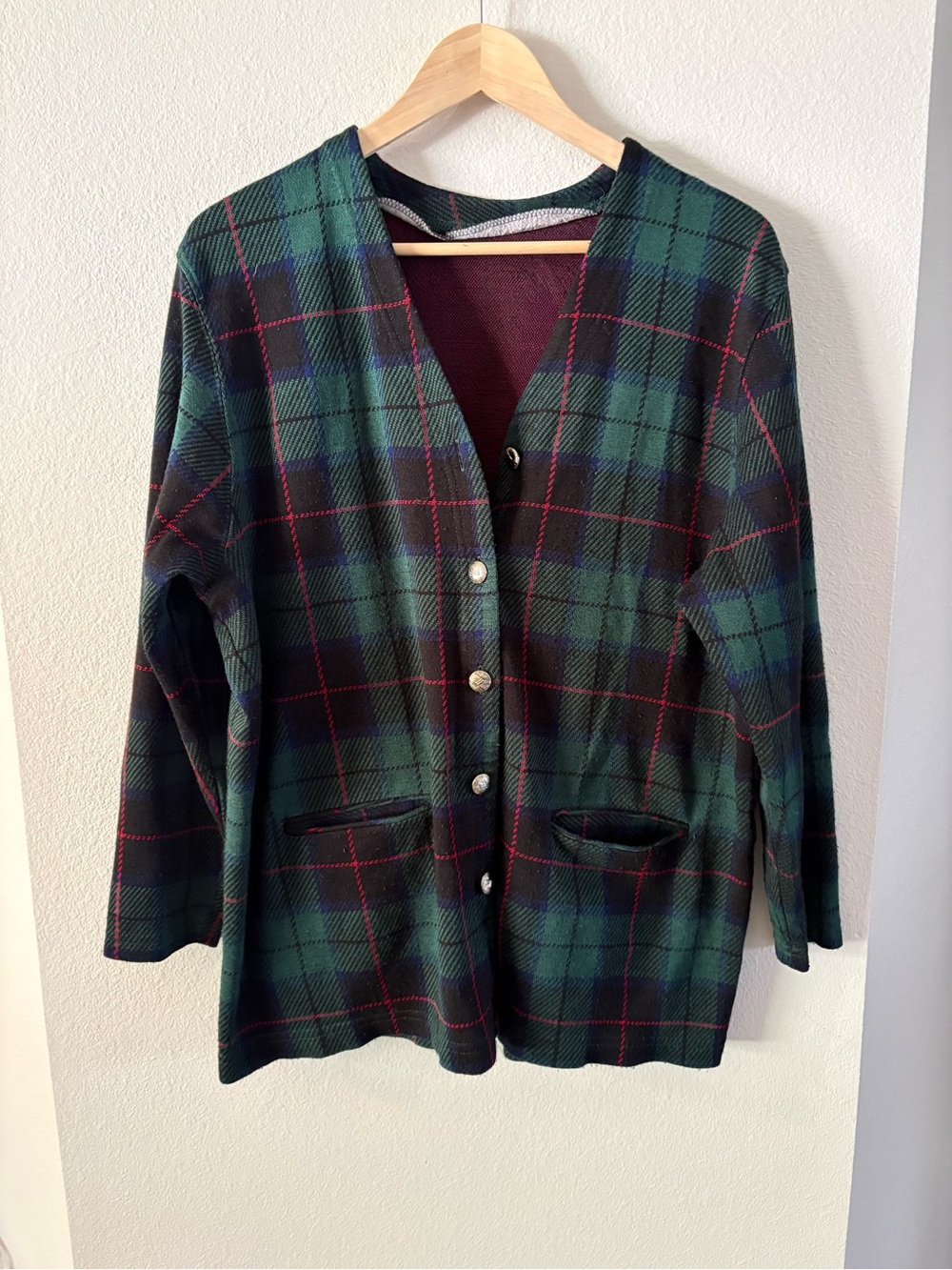 Plaid Tartan Cottagecore Button-Front Green Cardigan Grannycore Pockets  L